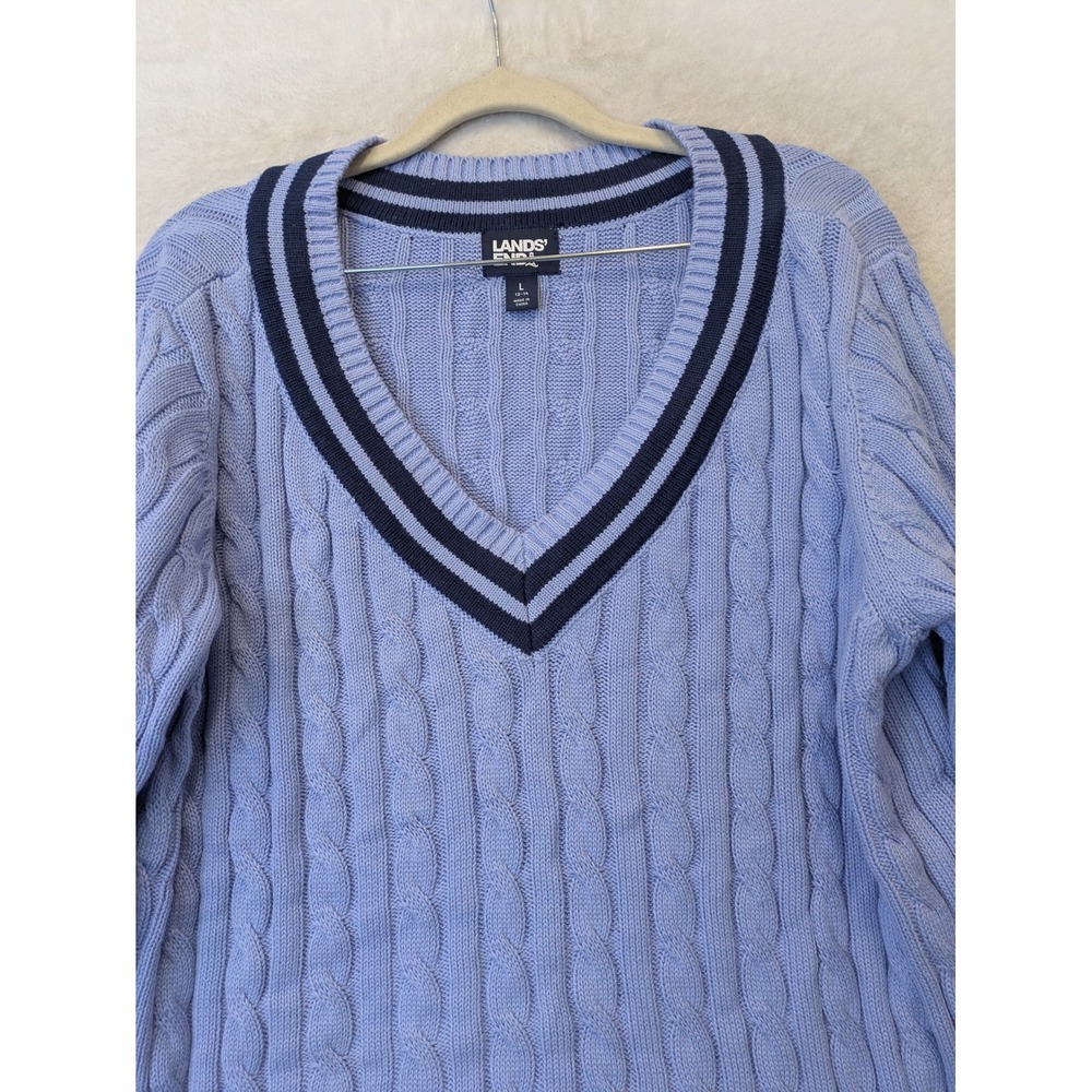 Lands End Women's Size L Blue V-Neck Varsity Stripe Sweater Cotton Cable Knit‎ - Picture 3 of 8